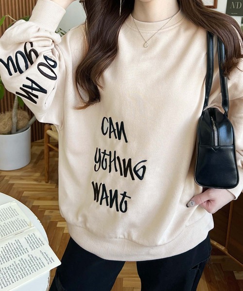 moment+（モーメントプラス）の「裏毛オーバーサイズロゴ刺繍スウェットプルオーバー（スウェット・レディース・ベージュ/オートミール/アイボリー/ブラック・M）」の6枚目の写真