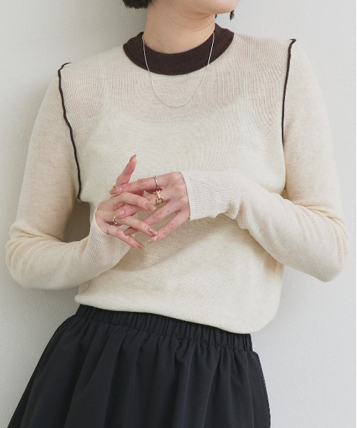 ad thie(アドティエ)の「バイカラー クルーネック ニットトップス(Tシャツ/カットソー・レディース・グレー/ブラック/アイボリー/ブラウン・FREE)」の4枚目の写真