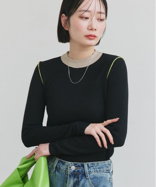 ad thie(アドティエ)の「バイカラー クルーネック ニットトップス(Tシャツ/カットソー・レディース・グレー/ブラック/アイボリー/ブラウン・FREE)」の1枚目の写真