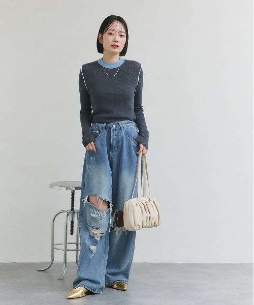 ad thie(アドティエ)の「バイカラー クルーネック ニットトップス(Tシャツ/カットソー・レディース・グレー/ブラック/アイボリー/ブラウン・FREE)」の16枚目の写真