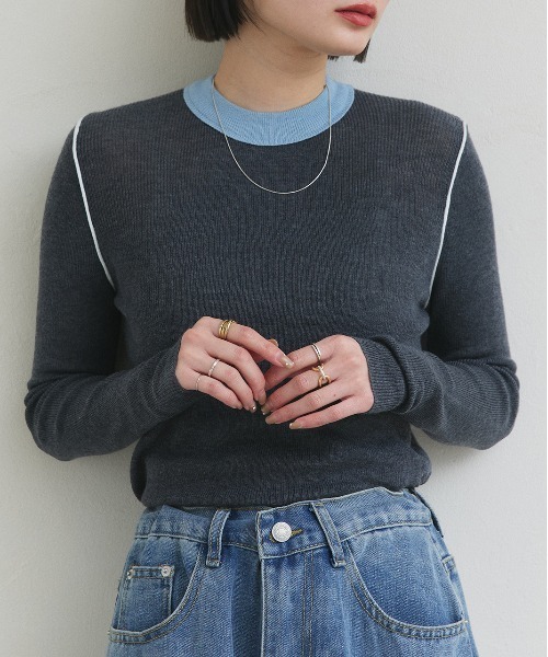 ad thie(アドティエ)の「バイカラー クルーネック ニットトップス(Tシャツ/カットソー・レディース・グレー/ブラック/アイボリー/ブラウン・FREE)」の17枚目の写真