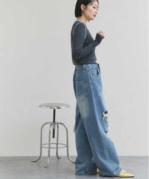 ad thie(アドティエ)の「バイカラー クルーネック ニットトップス(Tシャツ/カットソー・レディース・グレー/ブラック/アイボリー/ブラウン・FREE)」の18枚目の写真
