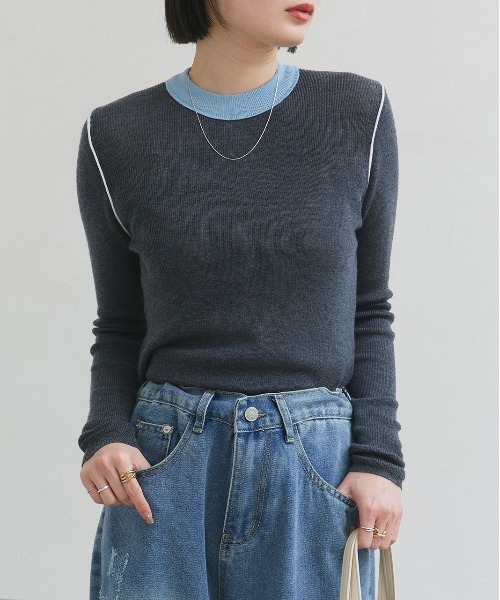 ad thie(アドティエ)の「バイカラー クルーネック ニットトップス(Tシャツ/カットソー・レディース・グレー/ブラック/アイボリー/ブラウン・FREE)」の19枚目の写真