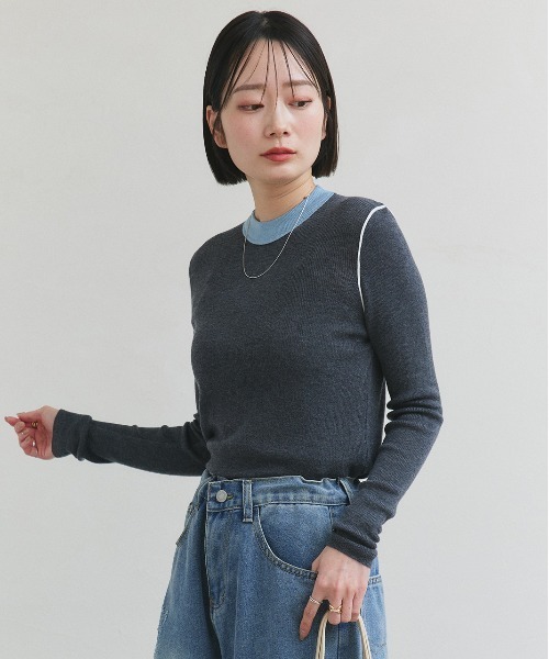 ad thie(アドティエ)の「バイカラー クルーネック ニットトップス(Tシャツ/カットソー・レディース・グレー/ブラック/アイボリー/ブラウン・FREE)」の21枚目の写真