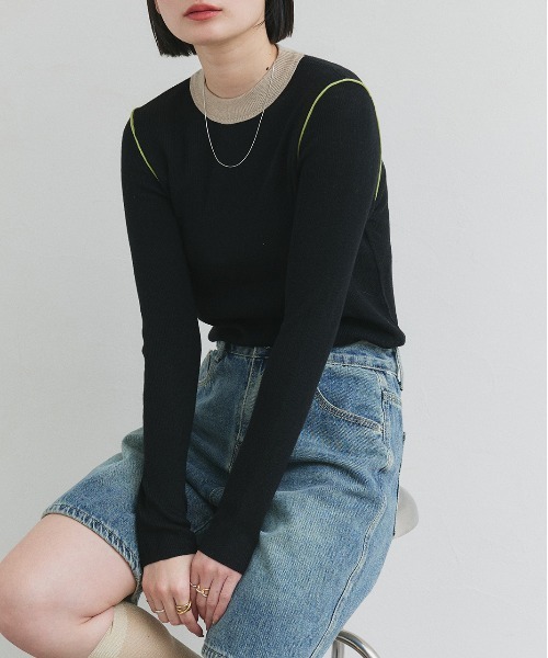 ad thie(アドティエ)の「バイカラー クルーネック ニットトップス(Tシャツ/カットソー・レディース・グレー/ブラック/アイボリー/ブラウン・FREE)」の15枚目の写真