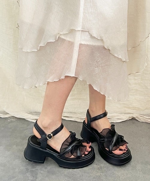 セール】軽量厚底 チュール フリル ヒールソール サンダル 5985