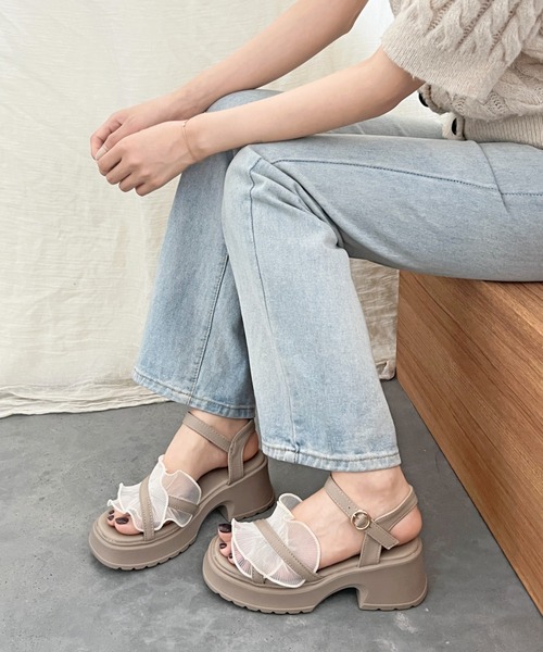 希少　現行完売商品　新品未使用　LE TALON モカ　チュールフリル　サンダル 希少 現行完売商品＊LE TALON モカ チュールフリル サンダル M