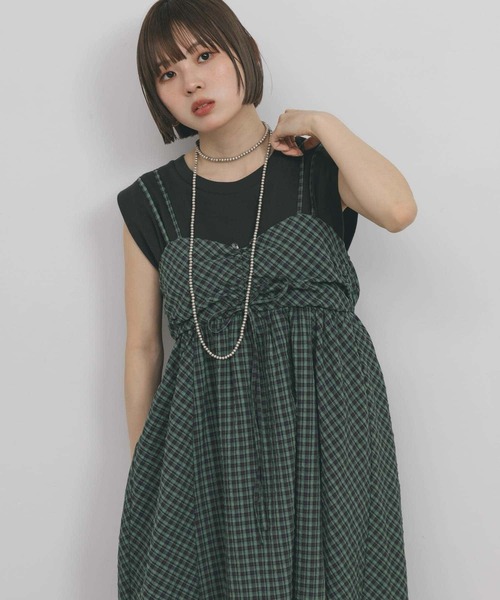 美品 KBF ドロストチェックキャミワンピース セール】ドロストチェックキャミワンピース（ワンピース）｜KBF