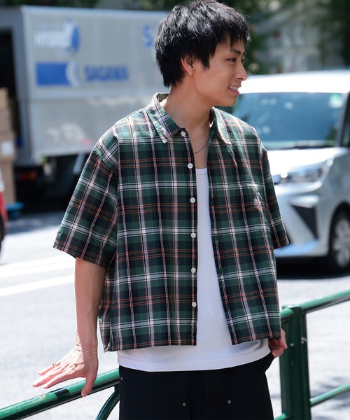 BEAMS（ビームス）の「チェック ショート シャツ（シャツ/ブラウス・メンズ・グリーン/オレンジ・S/M/L/XL）」の3枚目の写真