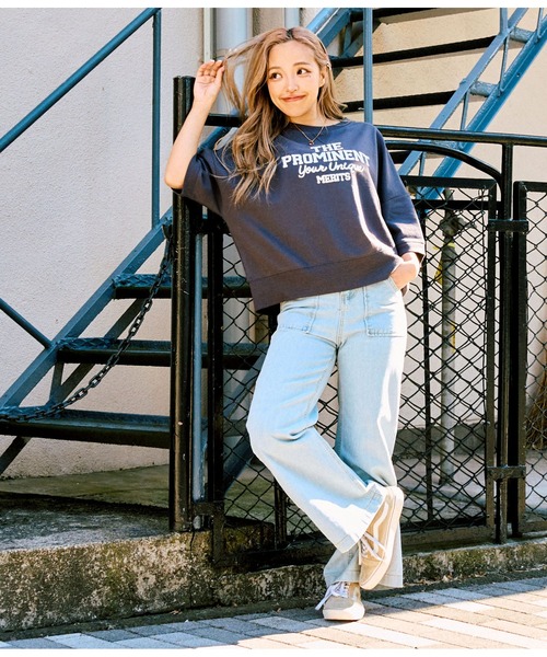 anap mimpi（アナップミンピ）の「ガーゼ 裏毛 メッセーシ刺繍 半袖 スウェット トップス（Tシャツ/カットソー・レディース・ダークグレー/キナリ・FREE）」の3枚目の写真