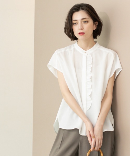 リネンのフリルブラウス 甘織りリネン・フリルデザインブラウス/40代50代からの