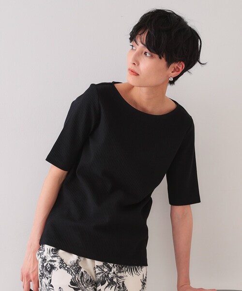 ベルベット素材 リブボトルネックトップス リブタンクトップ（Black）| Sunspel