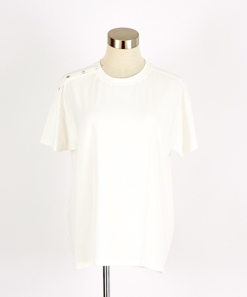 a.p.o.v.(エーピーオービー)の「a.p.o.v. アシンメトリーショルダーメタルボタン短丈ルーズTシャツ(Tシャツ/カットソー・メンズ・ブラック/グレー/ホワイト・ONESIZE)」の15枚目の写真
