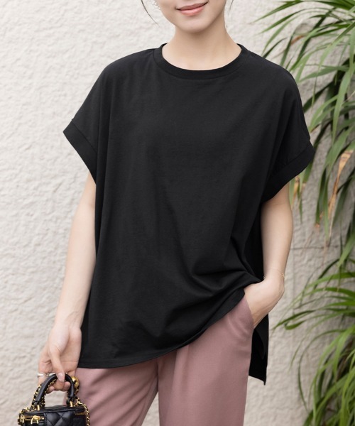 Doux Belle(ドゥーベル)の「サイドスリットラウンドネックカットソー(Tシャツ/カットソー・レディース・ブルー系その他/チャコール/アイボリー/ブラック・MEDIUM)」の2枚目の写真