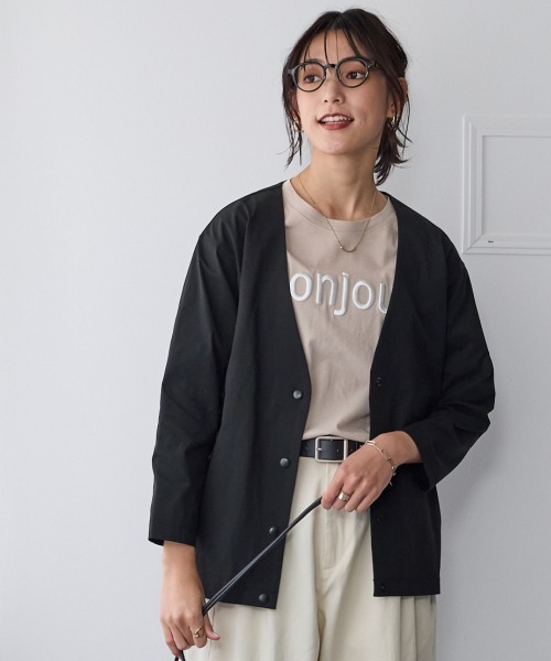 SMILE LAND（スマイルランド）の「＜大きいサイズ＞２４時間ずっと快適かるスルーメッシュＶネックノーカラージャケット（吸汗速乾・ＵＶカット・イージーケア）（セットアップ可能）（ノーカラージャケット・レディース・ネイビー/ブラック/モカ・L/LL/3L/4L/5L）」の2枚目の写真