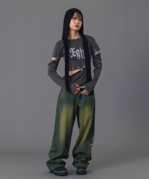X-girl(エックスガール)の「RHINESTONE LOGO LOOSE DENIM PANTS(デニムパンツ・レディース・ブラック/ライトインディゴブルー・S/M)」の13枚目の写真