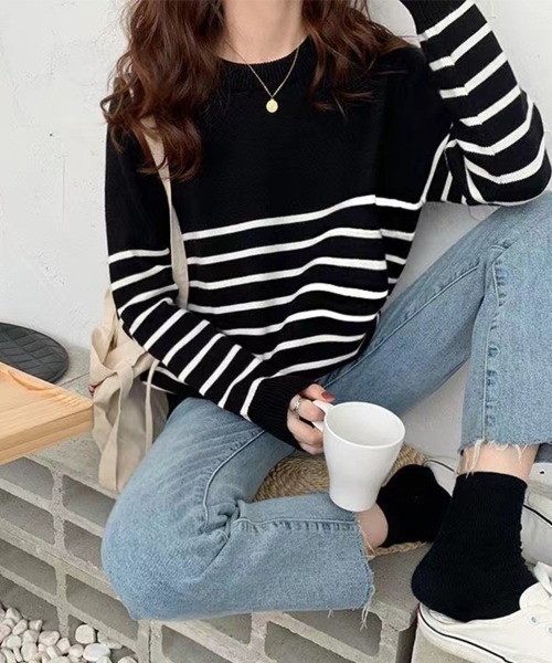 Beststore(ベストストア)の「ボーダーニット 編みトップス 長袖 カットソー セーター(ニット/セーター・レディース・ホワイト×ブラック/ブラック/ブラック×ホワイト/キャメル/ブラウン/ピンク/ネイビー/パープル・FREE)」の4枚目の写真