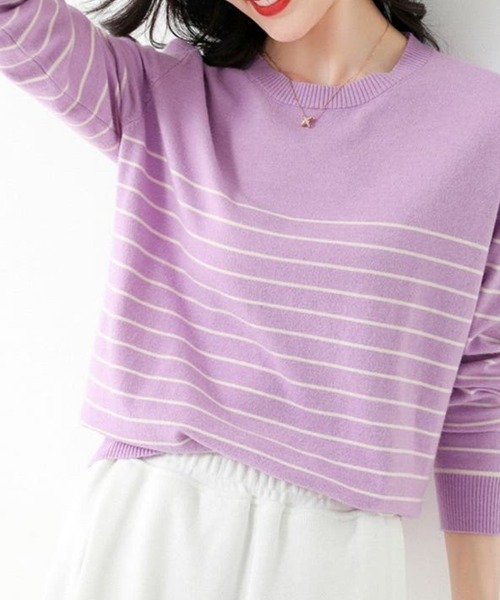 Beststore(ベストストア)の「ボーダーニット 編みトップス 長袖 カットソー セーター(ニット/セーター・レディース・ホワイト×ブラック/ブラック/ブラック×ホワイト/キャメル/ブラウン/ピンク/ネイビー/パープル・FREE)」の1枚目の写真