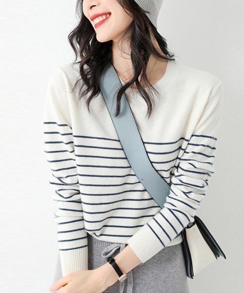 Beststore(ベストストア)の「ボーダーニット 編みトップス 長袖 カットソー セーター(ニット/セーター・レディース・ホワイト×ブラック/ブラック/ブラック×ホワイト/キャメル/ブラウン/ピンク/ネイビー/パープル・FREE)」の6枚目の写真