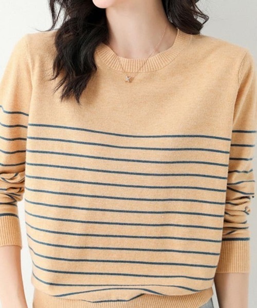 Beststore(ベストストア)の「ボーダーニット 編みトップス 長袖 カットソー セーター(ニット/セーター・レディース・ホワイト×ブラック/ブラック/ブラック×ホワイト/キャメル/ブラウン/ピンク/ネイビー/パープル・FREE)」の7枚目の写真