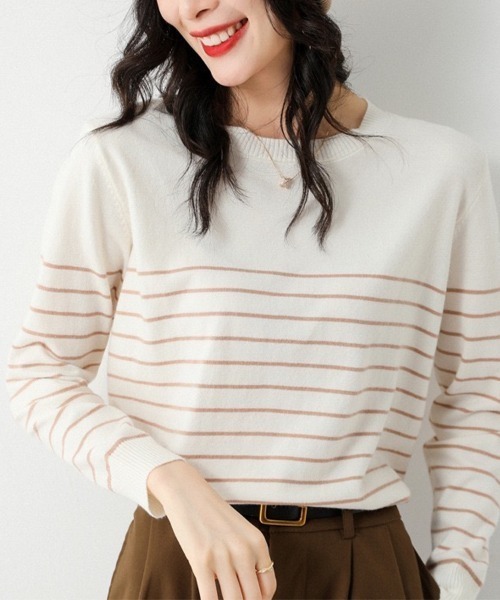Beststore(ベストストア)の「ボーダーニット 編みトップス 長袖 カットソー セーター(ニット/セーター・レディース・ホワイト×ブラック/ブラック/ブラック×ホワイト/キャメル/ブラウン/ピンク/ネイビー/パープル・FREE)」の5枚目の写真