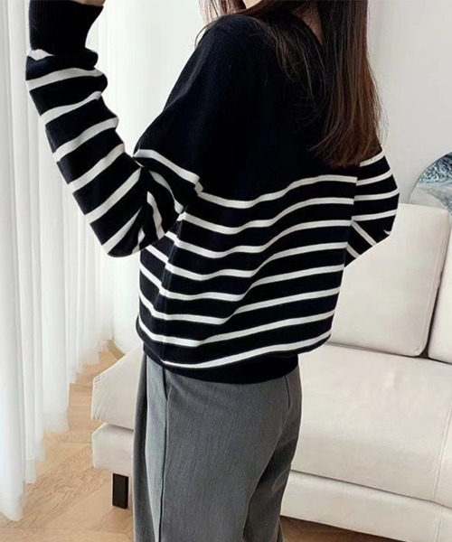 Beststore(ベストストア)の「ボーダーニット 編みトップス 長袖 カットソー セーター(ニット/セーター・レディース・ホワイト×ブラック/ブラック/ブラック×ホワイト/キャメル/ブラウン/ピンク/ネイビー/パープル・FREE)」の9枚目の写真
