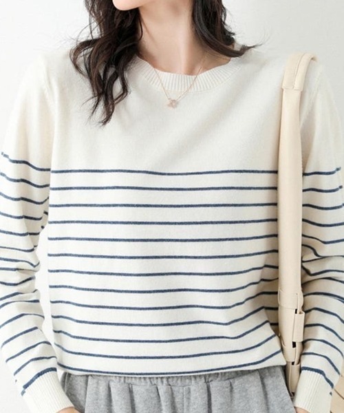 Beststore(ベストストア)の「ボーダーニット 編みトップス 長袖 カットソー セーター(ニット/セーター・レディース・ホワイト×ブラック/ブラック/ブラック×ホワイト/キャメル/ブラウン/ピンク/ネイビー/パープル・FREE)」の14枚目の写真