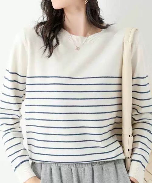 Beststore(ベストストア)の「ボーダーニット 編みトップス 長袖 カットソー セーター(ニット/セーター・レディース・ホワイト×ブラック/ブラック/ブラック×ホワイト/キャメル/ブラウン/ピンク/ネイビー/パープル・FREE)」の16枚目の写真