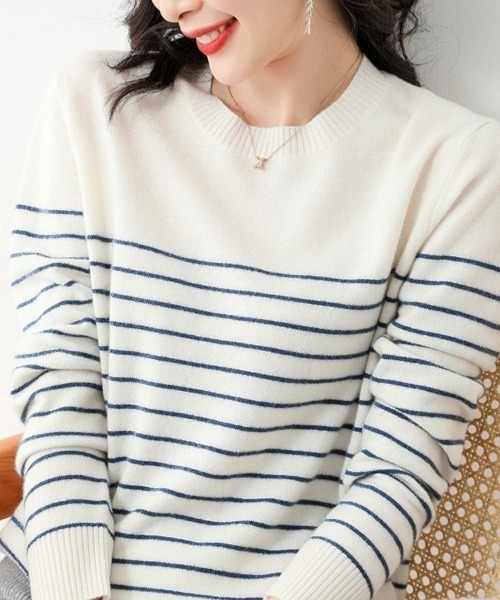 Beststore(ベストストア)の「ボーダーニット 編みトップス 長袖 カットソー セーター(ニット/セーター・レディース・ホワイト×ブラック/ブラック/ブラック×ホワイト/キャメル/ブラウン/ピンク/ネイビー/パープル・FREE)」の17枚目の写真