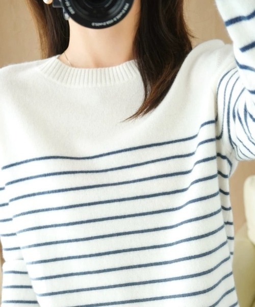 Beststore(ベストストア)の「ボーダーニット 編みトップス 長袖 カットソー セーター(ニット/セーター・レディース・ホワイト×ブラック/ブラック/ブラック×ホワイト/キャメル/ブラウン/ピンク/ネイビー/パープル・FREE)」の18枚目の写真