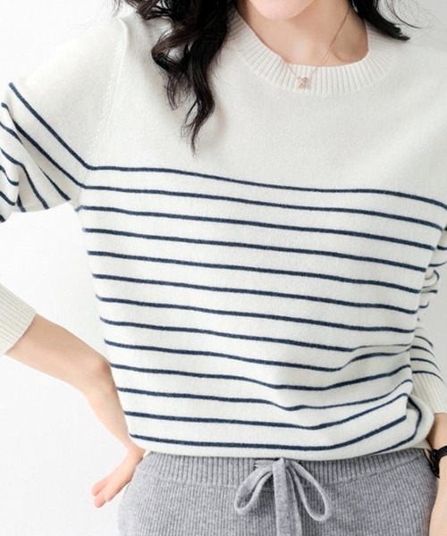 Beststore(ベストストア)の「ボーダーニット 編みトップス 長袖 カットソー セーター(ニット/セーター・レディース・ホワイト×ブラック/ブラック/ブラック×ホワイト/キャメル/ブラウン/ピンク/ネイビー/パープル・FREE)」の19枚目の写真