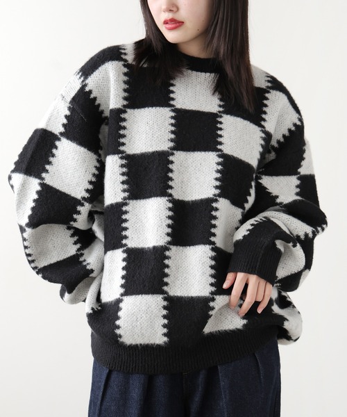 SUGGESTION(サジェッション)の「SUGGESTION/サジェッション チェッカークルーネックニット 冬服(ニット/セーター・メンズ・ブラック系2/グレー系1/ブラック系1・M/L)」の6枚目の写真