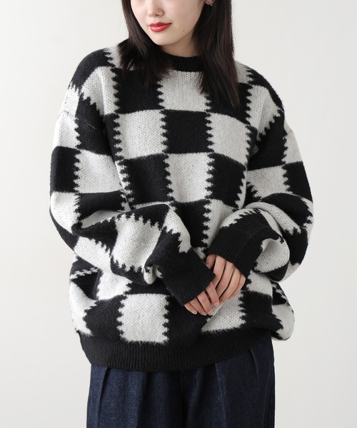 SUGGESTION(サジェッション)の「SUGGESTION/サジェッション チェッカークルーネックニット 冬服(ニット/セーター・メンズ・ブラック系2/グレー系1/ブラック系1・M/L)」の7枚目の写真