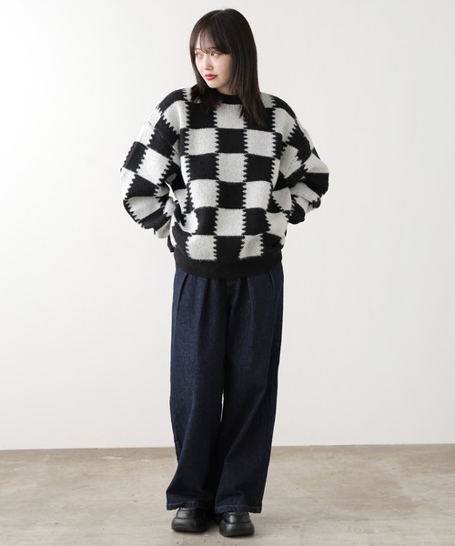 SUGGESTION(サジェッション)の「SUGGESTION/サジェッション チェッカークルーネックニット 冬服(ニット/セーター・メンズ・ブラック系2/グレー系1/ブラック系1・M/L)」の8枚目の写真