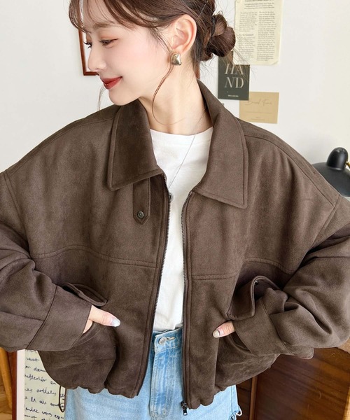 美品★ アウトシームショートブルゾン セール】2WAYカラーフェイクスエードショートブルゾン（ブルゾン