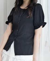 ブラウス シャツ ウエストマークブラウス/waist mark blouse　アイボリー　ブラック　カジュアル　フェミニン　レイヤード風　デザイントッ ボウタイ風幾何柄ブラウス/洗える(ブラウス・シャツ) | MK
