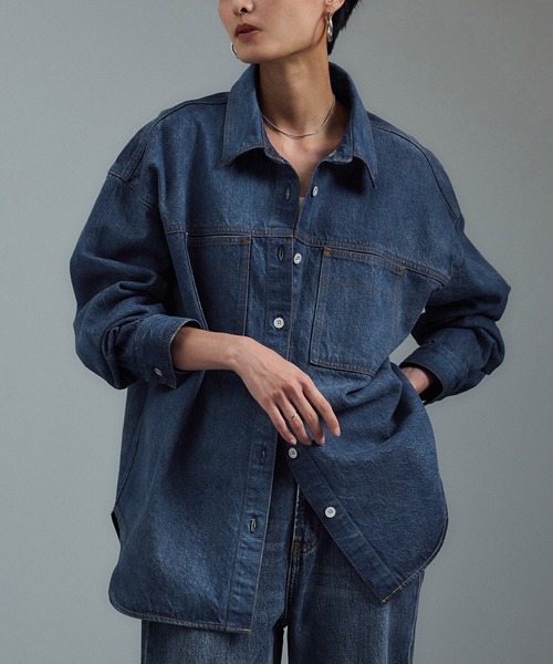 【完売品】ADAM ET ROPE FEMME デニムチュニックシェイプシャツ 美品 ADAM ET ROPE FEMME デニムチュニックシェイプシャツ F ADAM ET