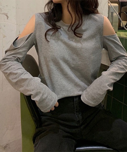 Mayree】オープンショルダー 肩出し 長袖 トップス（Tシャツ