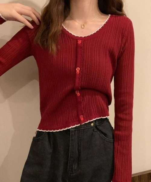 SHEPP（シープ）の「配色 ボタン リブ メロー ニットソー 長袖（Tシャツ/カットソー・レディース・ブラック/レッド/ホワイト/ピンク・F）」の11枚目の写真