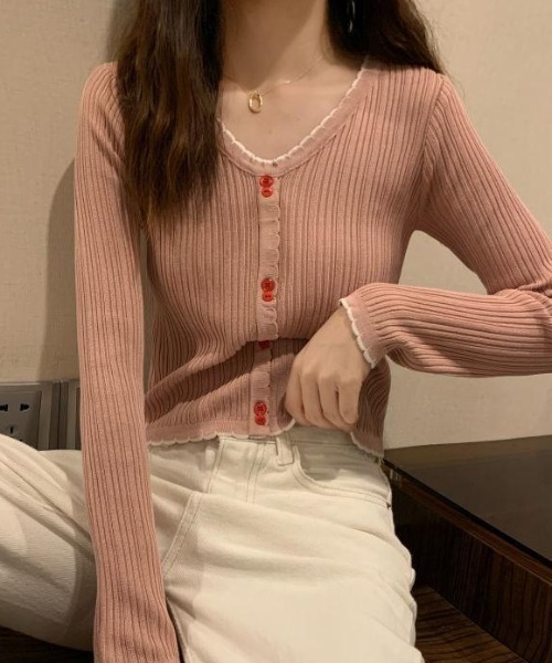 SHEPP（シープ）の「配色 ボタン リブ メロー ニットソー 長袖（Tシャツ/カットソー・レディース・ブラック/レッド/ホワイト/ピンク・F）」の7枚目の写真