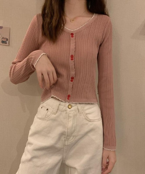 SHEPP（シープ）の「配色 ボタン リブ メロー ニットソー 長袖（Tシャツ/カットソー・レディース・ブラック/レッド/ホワイト/ピンク・F）」の5枚目の写真