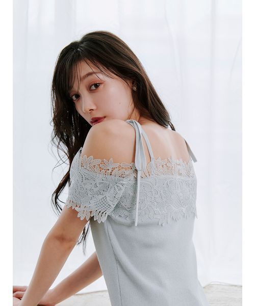 レースコンビハーフスリーブニットプルオーバー（ニット