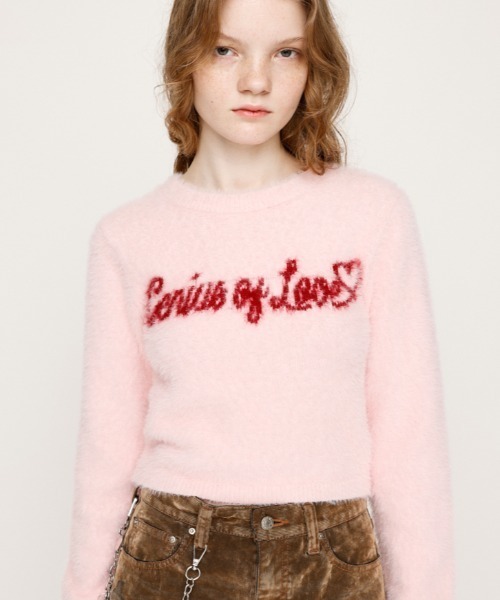 SLY（スライ）の「【限定カラーあり】SHAGGY YARN LOGO C/N TOPS シャギーヤーン ロゴ クルーネック トップス 秋服 冬服（ニット/セーター・レディース・ブラック/グレー/ブラウン/ピンク・FREE）」の4枚目の写真