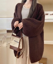 バルーンスリーブ ヘアリーニットゆったりシンプルカジュアルミディ丈カーディガン