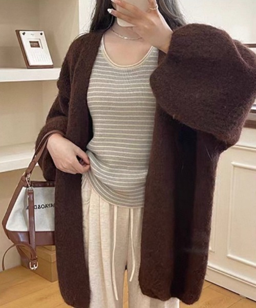 gossip!ロサンゼルス(ゴシップロサンゼルス)の「バルーンスリーブ ヘアリーニットゆったりシンプルカジュアルミディ丈カーディガン(カーディガン/ボレロ・レディース・ブラウン/グレー/オフホワイト・FREE)」の9枚目の写真