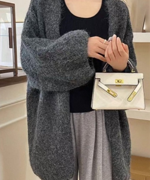 gossip!ロサンゼルス(ゴシップロサンゼルス)の「バルーンスリーブ ヘアリーニットゆったりシンプルカジュアルミディ丈カーディガン(カーディガン/ボレロ・レディース・ブラウン/グレー/オフホワイト・FREE)」の11枚目の写真