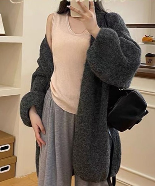 gossip!ロサンゼルス(ゴシップロサンゼルス)の「バルーンスリーブ ヘアリーニットゆったりシンプルカジュアルミディ丈カーディガン(カーディガン/ボレロ・レディース・ブラウン/グレー/オフホワイト・FREE)」の12枚目の写真