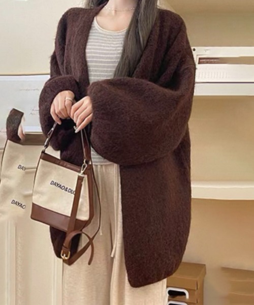 gossip!ロサンゼルス(ゴシップロサンゼルス)の「バルーンスリーブ ヘアリーニットゆったりシンプルカジュアルミディ丈カーディガン(カーディガン/ボレロ・レディース・ブラウン/グレー/オフホワイト・FREE)」の13枚目の写真