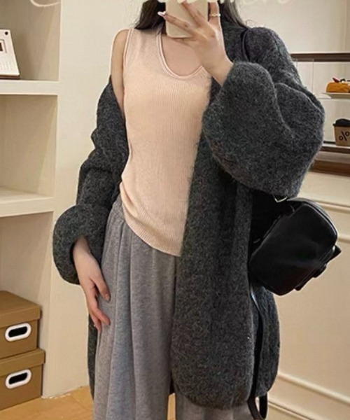 gossip!ロサンゼルス(ゴシップロサンゼルス)の「バルーンスリーブ ヘアリーニットゆったりシンプルカジュアルミディ丈カーディガン(カーディガン/ボレロ・レディース・ブラウン/グレー/オフホワイト・FREE)」の14枚目の写真