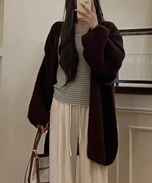 gossip!ロサンゼルス(ゴシップロサンゼルス)の「バルーンスリーブ ヘアリーニットゆったりシンプルカジュアルミディ丈カーディガン(カーディガン/ボレロ・レディース・ブラウン/グレー/オフホワイト・FREE)」の17枚目の写真